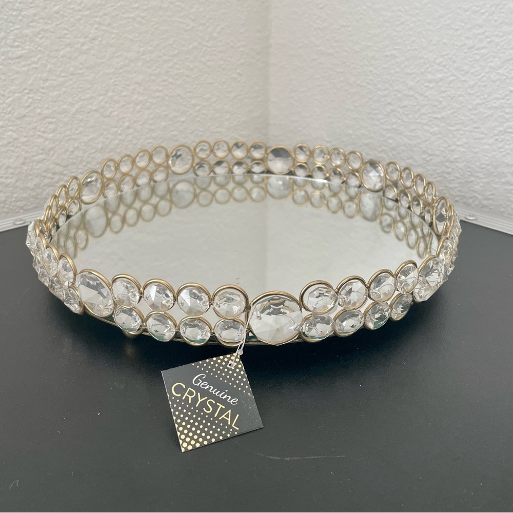 💛 NWT GOLD round Metal Crystal Beaded Mirror Serving jewelry Tray Wedding decor